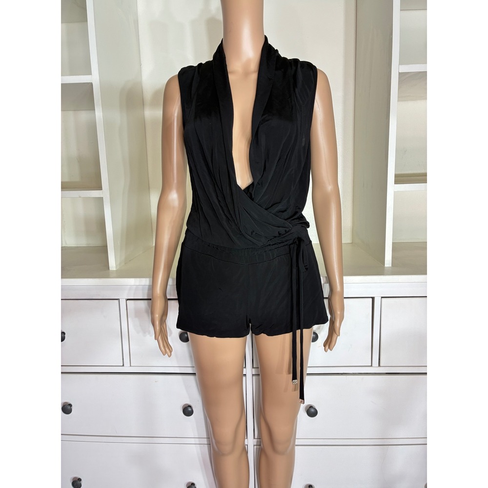 Guess by Marciano Romper Women S Black Deep V-Neck Draped Wrap Short Jumpsuit